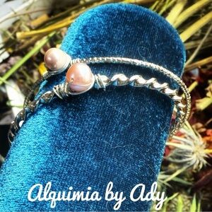 Silver statement tennis bangle bracelet/freshwater pearls